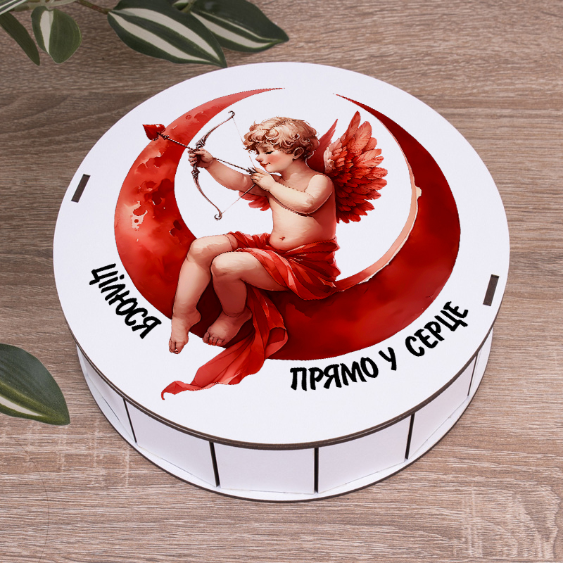 Коробка круглая 19,5 см купидон "Целюсь прямо в сердце"